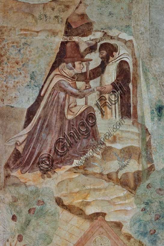 Temptress pilgrim fresco detail from Buffalmacco's Thebaid, Pisa Cemetery