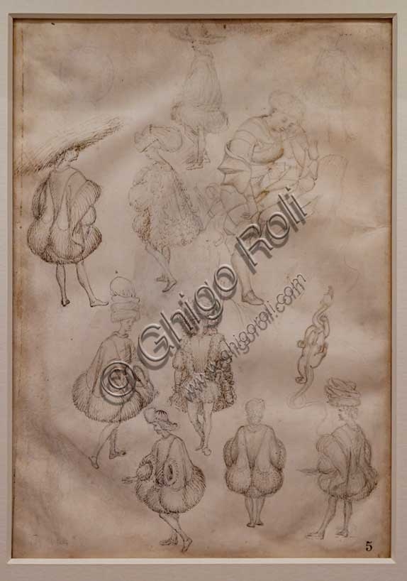 Pisanello metalpoint drawing studies of court figures, knight, and dragon on parchment
