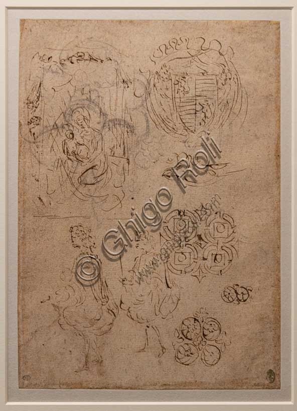 Pisanello drawing - Studies of Madonna of Humility, Gonzaga coat of arms, male figures and decorative motifs