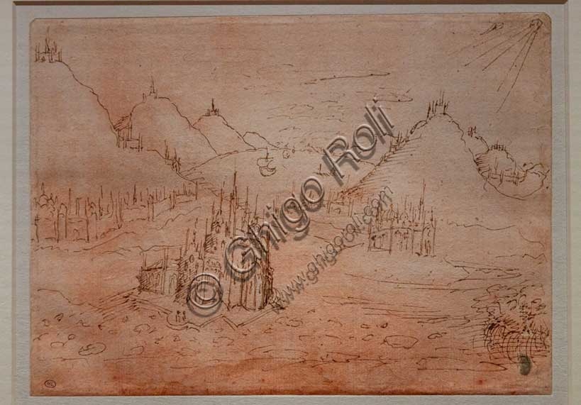 Disegno di Pisanello Chiese gotiche paesaggio montuoso penna e inchiostro bruno