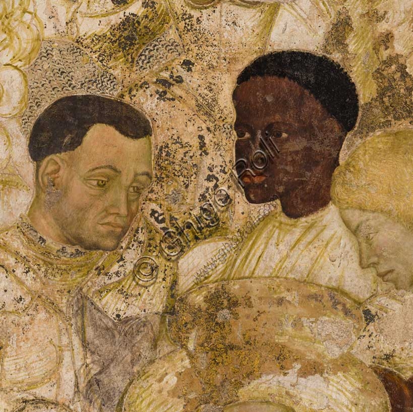 Detail of Pisanello's Tournament of Louvezerp fresco showing knights, moor and ladies, Ducal Palace Mantua