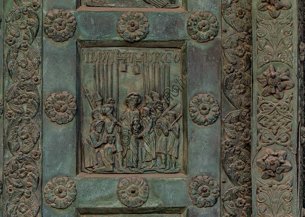 Bronze tile of The Kiss of Judas, Bonanno Pisano's Door, Monreale Cathedral in Sicily, Italy