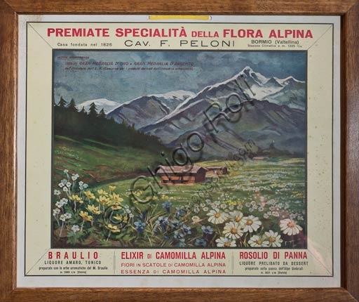 Manifesto pubblicitario storico della Distilleria Peloni con illustrazione dei prodotti, incluso la bottiglia dell'amaro Braulio.