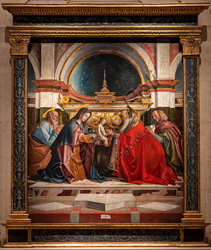 Dipinto Presentazione di Gesù al Tempio di Bartolomeo Montagna, olio su tela 1510, arte rinascimentale