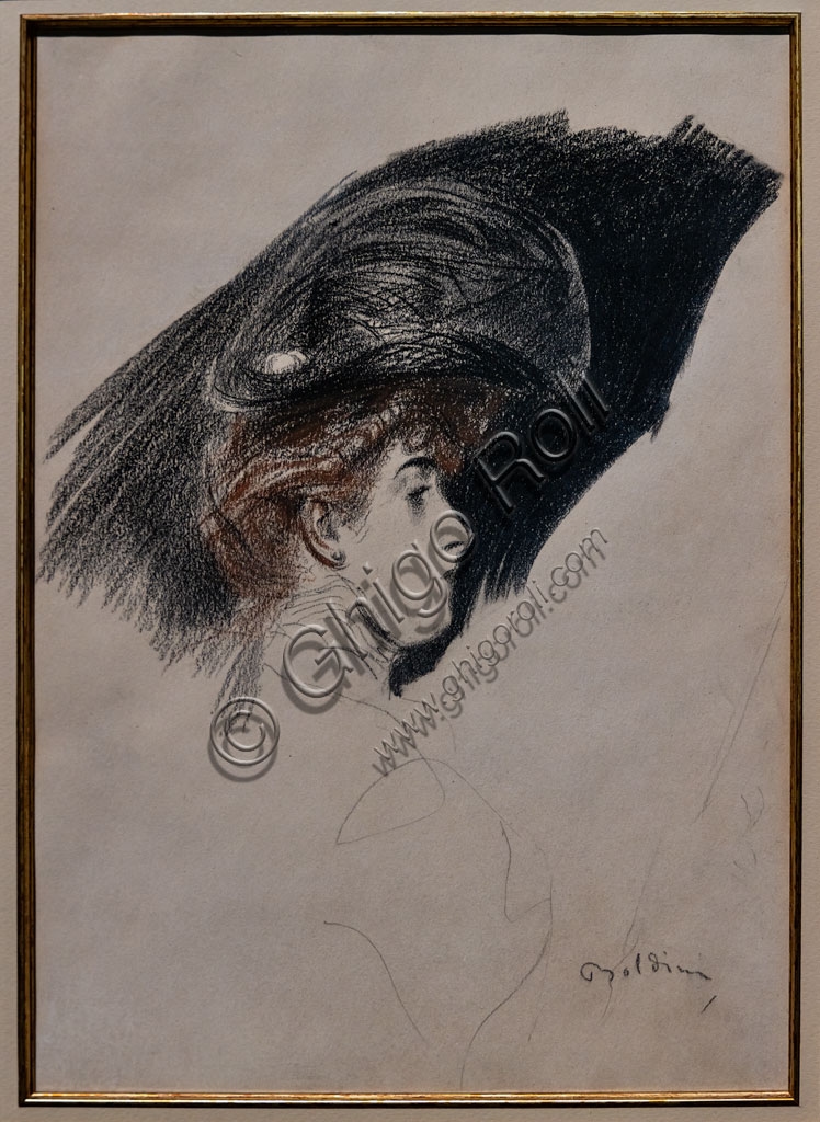 Elegant Profile charcoal drawing on paper by artist Giovanni Boldini, circa 1880