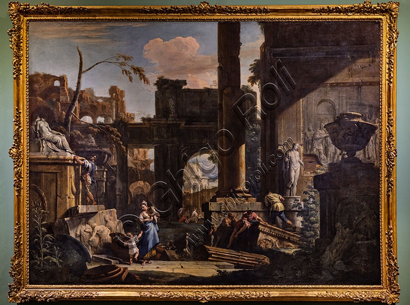 Perspective with ruins and figures painting by Marco and Sebastian Ricci, Baroque oil on canvas depicting classical ruins