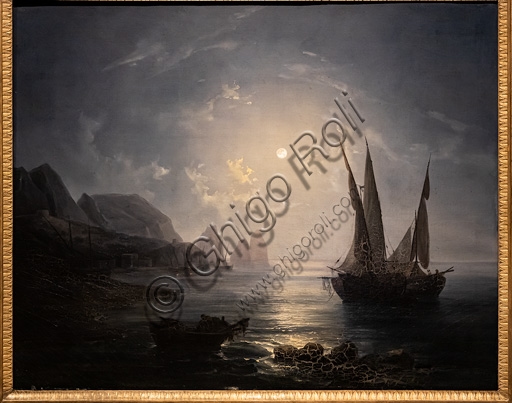 Painting Nocturne in Capri by Raffaele Fergola, oil on canvas circa 1843, nocturnal view of the Gulf of Naples