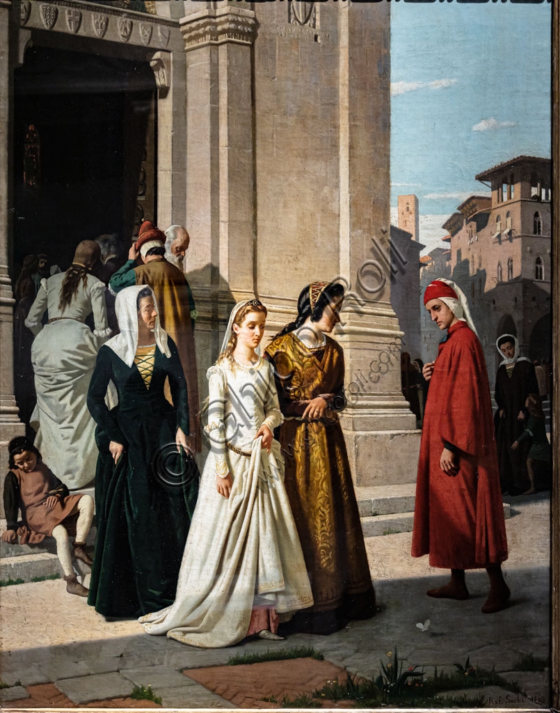 Dipinto Dante incontra Beatrice di Raffaello Sorbi, olio su tela 1863, arte romantica