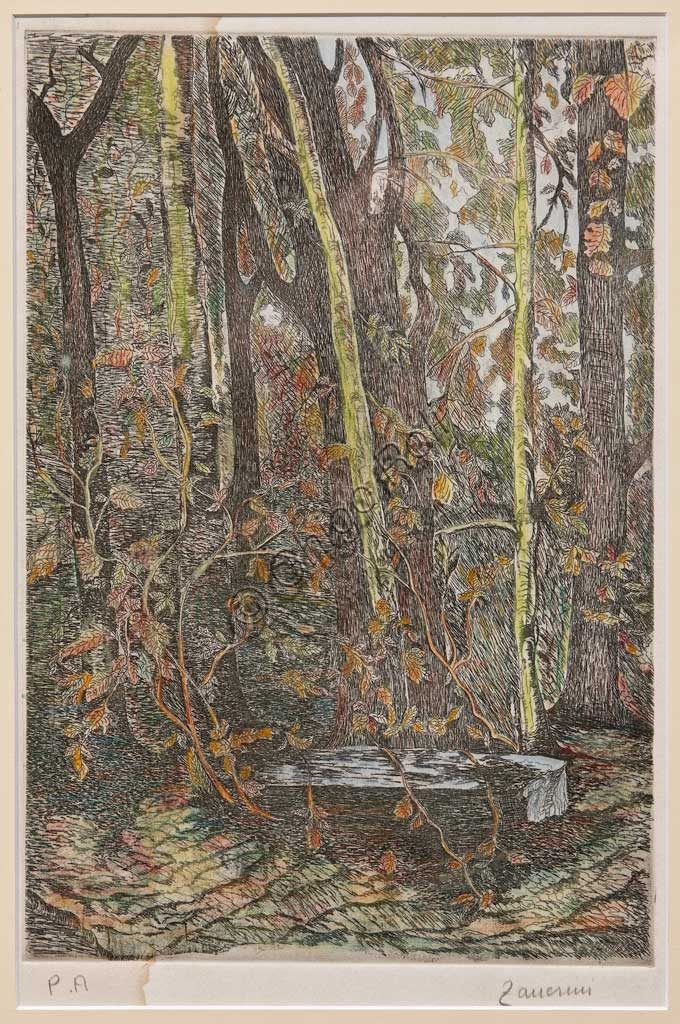 Litografia a colori Nel Bosco di Remo Zanerini, stampa d'arte di paesaggio boschivo