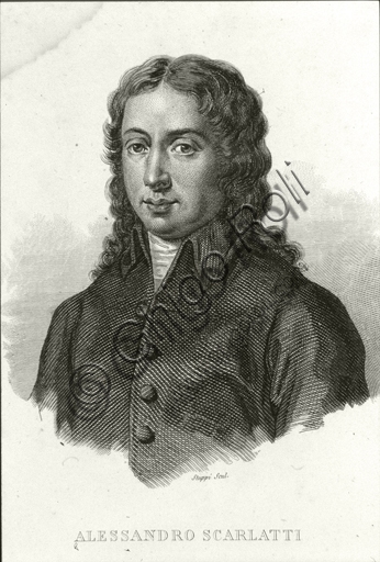 Engraved portrait of composer Alessandro Scarlatti, central figure of the musical Baroque