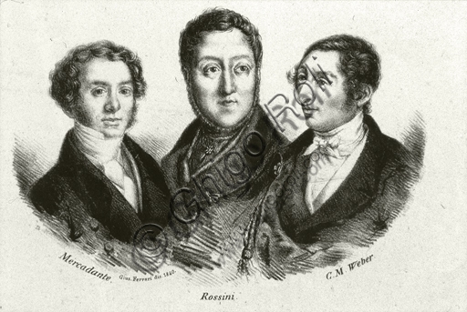 Stampa ritratto compositori Saverio Mercadante Gioacchino Rossini Carl Maria von Weber