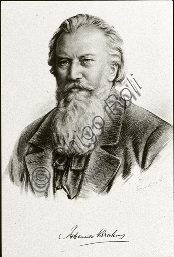 Portrait painting of composer Johannes Brahms, historical portraiture artwork