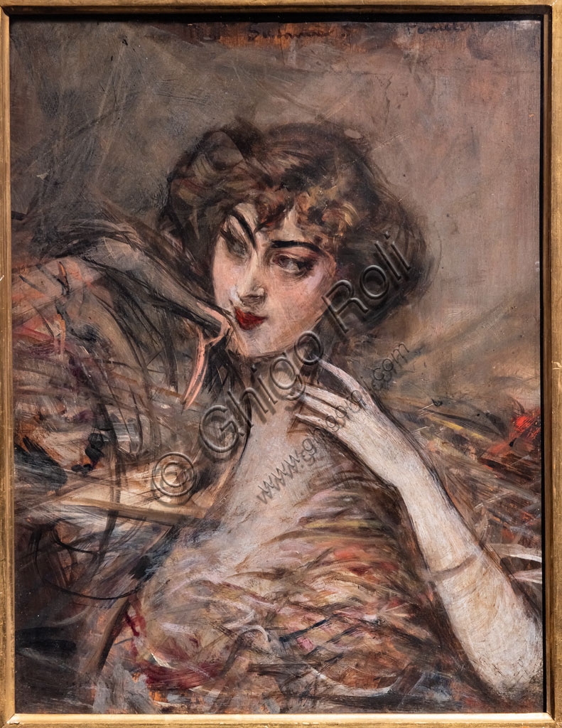 Front facing portrait painting by Giovanni Boldini of Marthe de Florian, 1907, oil on canvas