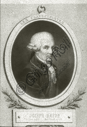 Black and white lithographic portrait of composer Franz Joseph Haydn, historical art print