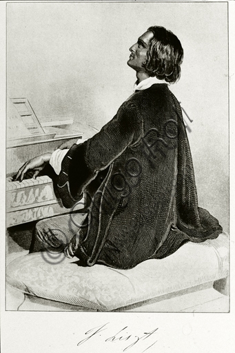 Portrait engraving of composer Franz Liszt, detailed 19th-century print