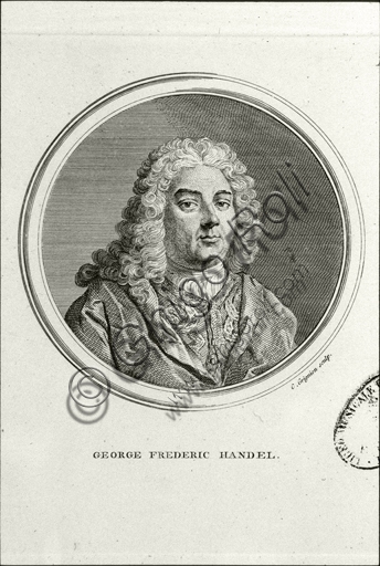 Engraved portrait of composer Georg Friedrich Händel, graphical detail
