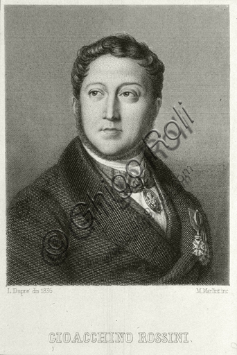 Engraved portrait of composer Gioacchino Rossini, work by Augustin Dupré