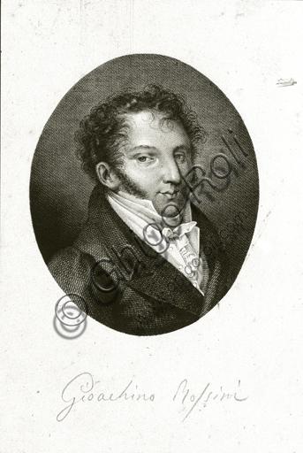 Ritratto in incisione del compositore Gioacchino Rossini, esempio di stampa d'arte storica