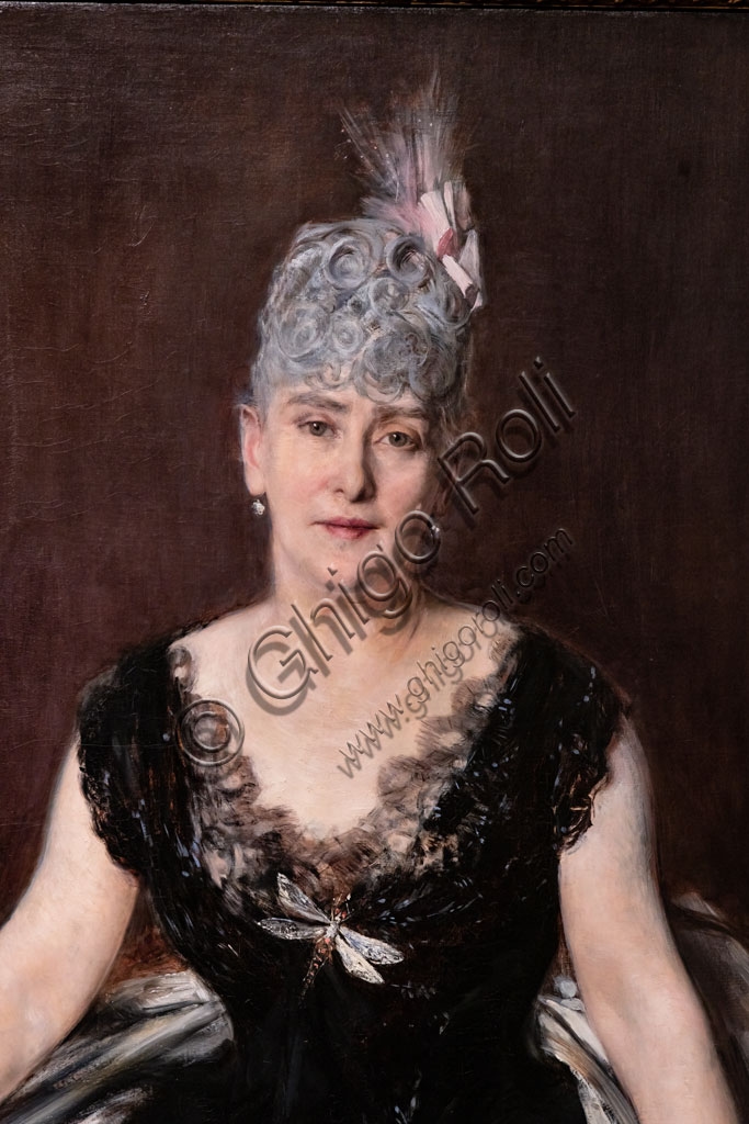 Detail of the Portrait of Madame Seligman, oil on canvas painting by Giovanni Boldini in 1898. Close-up of the female figure.