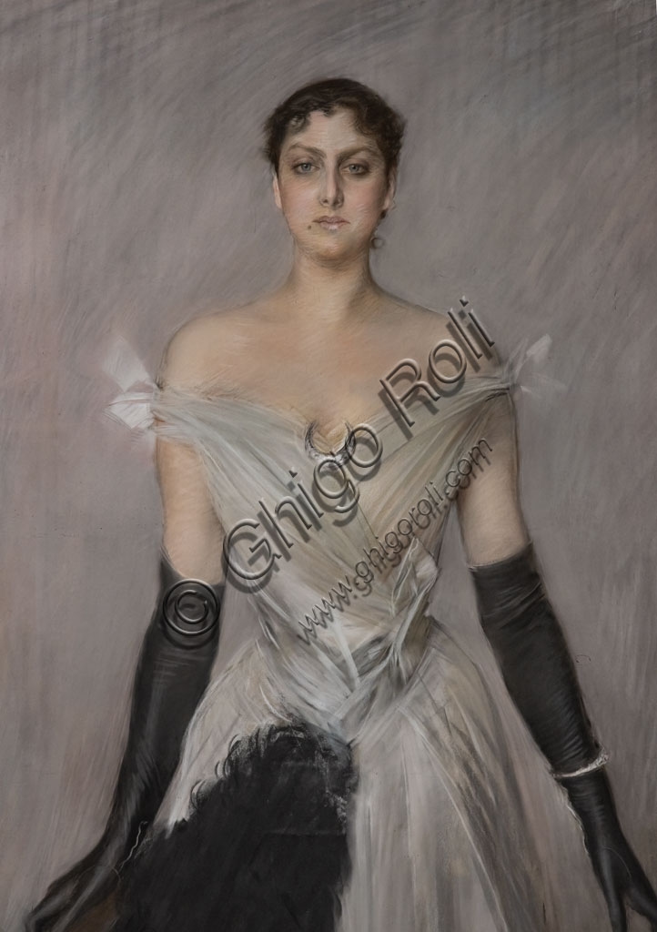 Dettaglio del ritratto di una donna in abito bianco con guanti e ventaglio, opera di Giovanni Boldini, pastelli su tela, 1889.