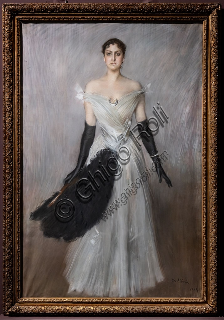 Portrait of a lady in a white dress with gloves and a fan, artwork by Giovanni Boldini from 1889 executed in pastels on canvas