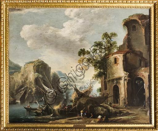 Painting 'View of a Bay' by Salvator Rosa, oil on canvas, seascape with stormy sky, exhibited at the Civic Museum of Modena