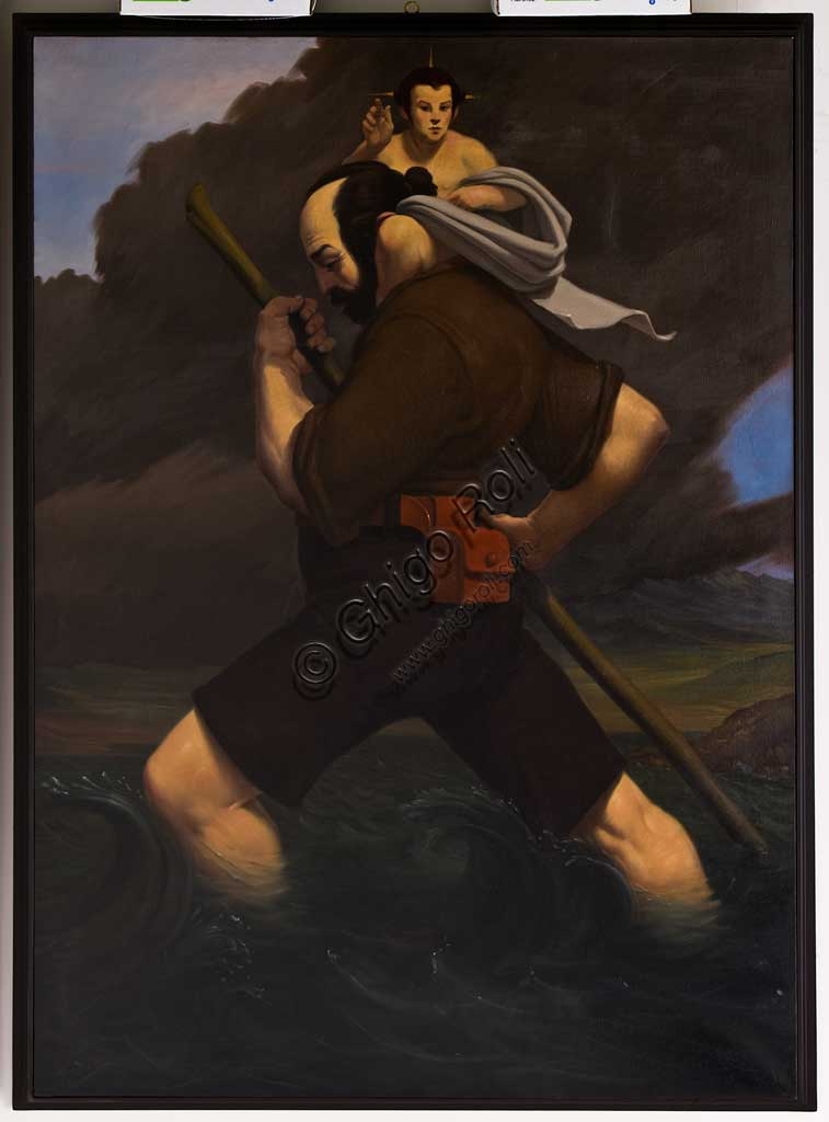 Saint Christopher painting, oil on canvas artwork by Wainer Vaccari in the Assicoop Unipol Collection