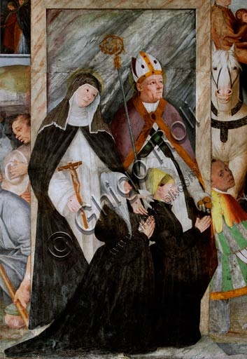 Fresco by Gaudenzio Ferrari with St. Catherine of Siena, St. Nicholas of Bari and kneeling donors, Church of St. Christopher Vercelli.