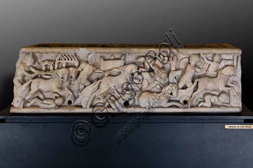 Ancient Roman sarcophagus carved with circus race scenes, Trinci Palace Archaeological Collection Foligno