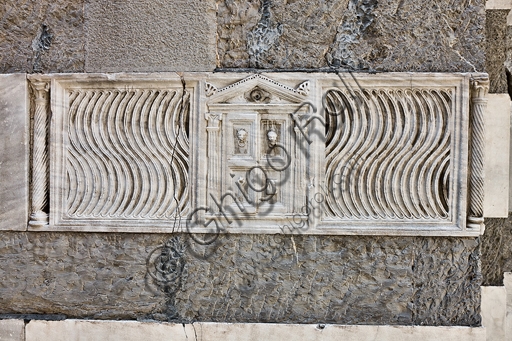 Front of Roman strigillated sarcophagus with ajar door, St. Lawrence Cathedral, Genoa