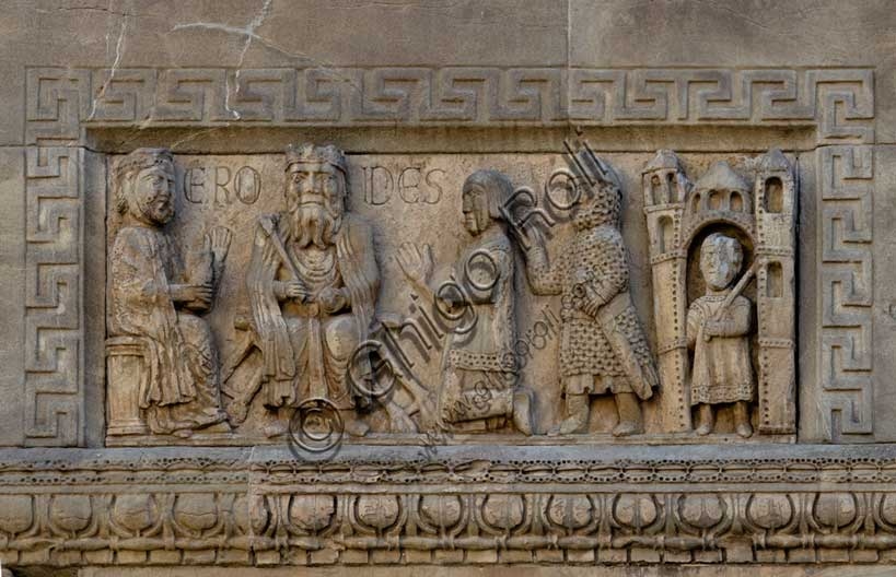 Medieval sculpture of King Herod by Antelami, façade of Fidenza Cathedral, Cathedral of San Donnino