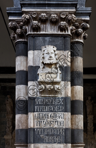 King Janus stone sculpture by the Master of Janus in the nave of Genoa's St. Lawrence Cathedral, left matroneum detail