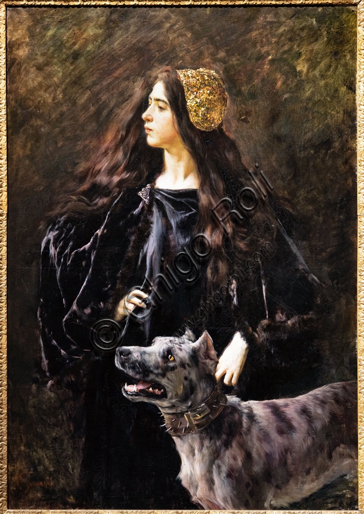 A Lady with a Dog oil painting by Cesare Saccaggi, 1903 canvas work