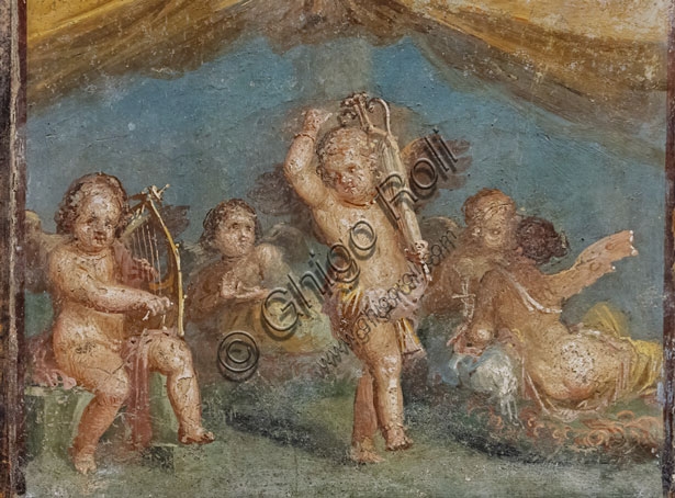 Fresco of the Symposium with Erotes in the House of Marcus Lucretius at Pompeii, triclinium, east wall, Fourth Style