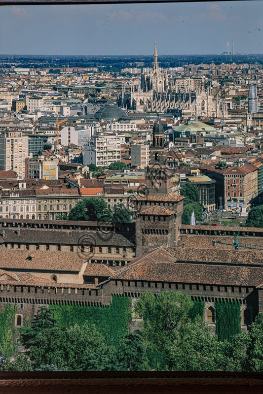 Panoramic view of Milan skyline from Branca Tower with Sforza Castle in the foreground
