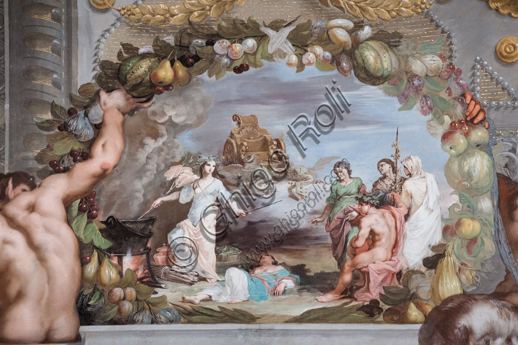 Affresco soffitto Galleria di Bacco Sassuolo: Medea e ringiovanimento nutrici di Bacco, Jean Boulanger 1652