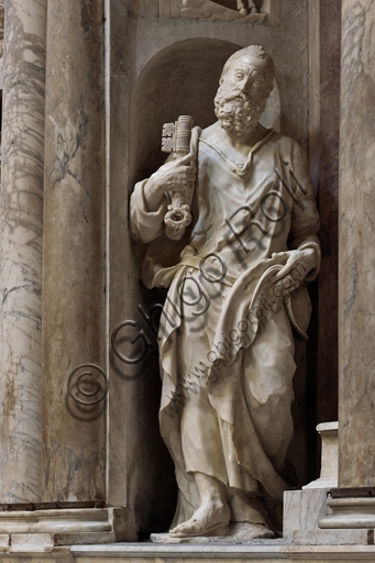 St. Peter statue, marble sculpture of the Cybo Monument, St. Lawrence Cathedral in Genoa Italy