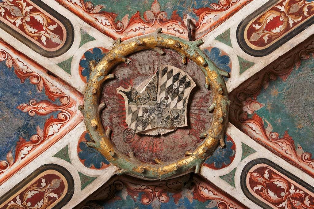 Heraldic coat of arms of Uguccione Contrari on the vault of the Contrari Chapel in Vignola Stronghold, Renaissance fresco.