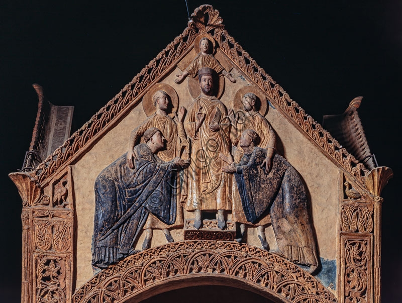 Ciborium and 10th-century stucco in the Basilica of St. Ambrose Milan depicting St. Ambrose between Saints Gervase and Protasius