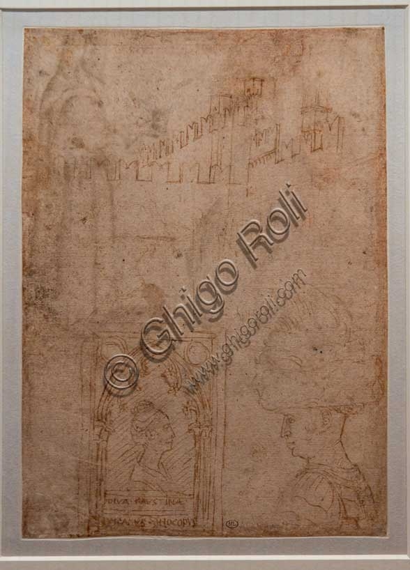 Disegno di Pisanello del 1435 con studi di architettura in scorcio e ritratti di Gianfrancesco Gonzaga e Niccolò III d'Este