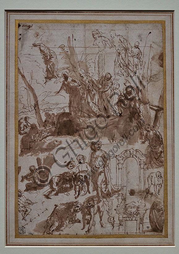 Drawing preparatory studies Finding of Moses Paolo Caliari Veronese 1582 pen brown ink
