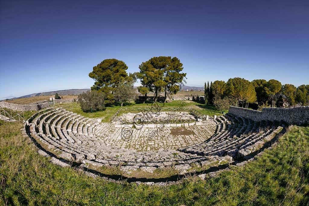 Panoramic view of the ancient Greek theatre at the Akrai archaeological site, Palazzolo Acreide, Sicily