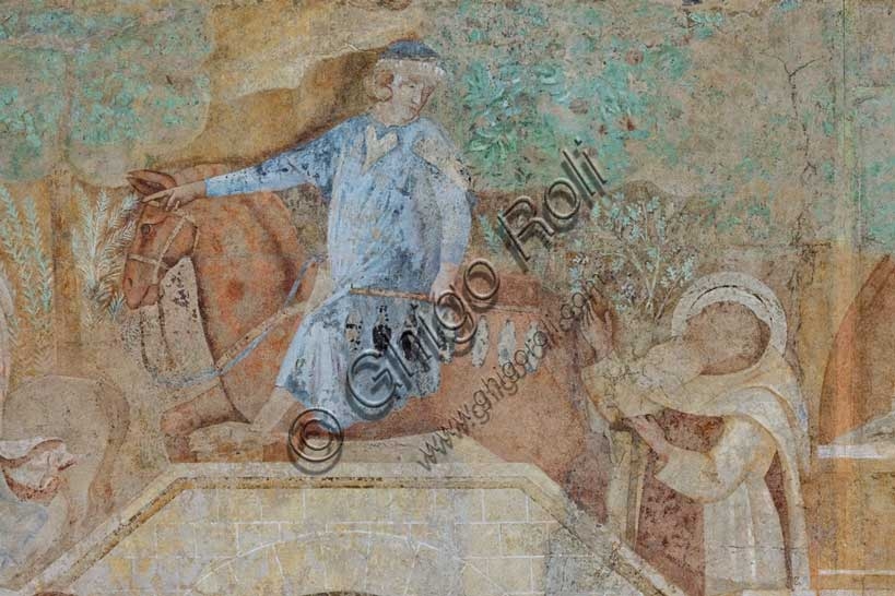 Thebaid fresco by Buonamico Buffalmacco, Devil on horseback with flasks and Saint Macarius at Pisa Cemetery