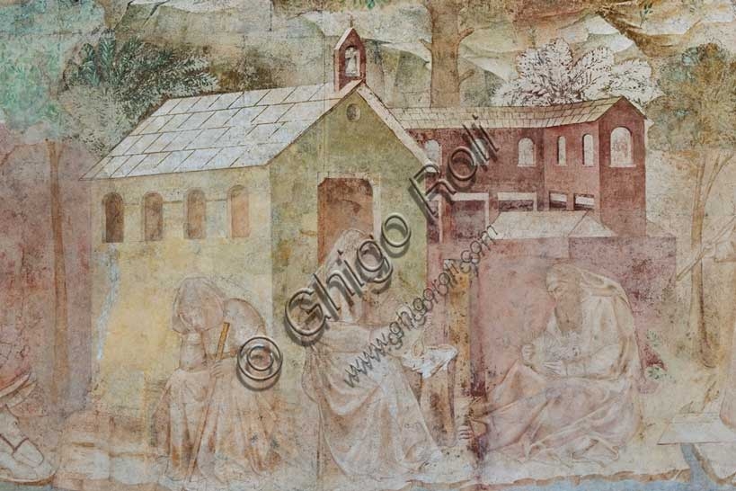 Affresco della Tebaide, Camposanto Monumentale di Pisa, dettaglio con monaci, chiesa e alberi, di Buonamico Buffalmacco