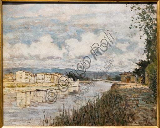 Dipinto Limite sull'Arno di Telemaco Signorini, veduta del fiume Arno a Firenze