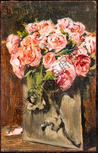 Detail of the painting Vase with Roses by Telemaco Signorini, 1870 oil on canvas on cardboard, depicting a composition of red roses in a vase