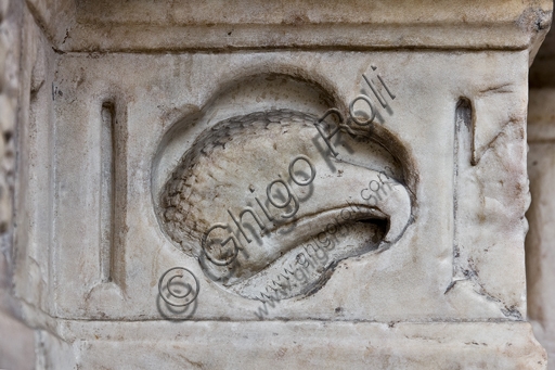 Particolare scultoreo Testa di Aquila, formella del portale del Duomo di Genova (Cattedrale di San Lorenzo), opera del Maestro dell'Arca del Battista
