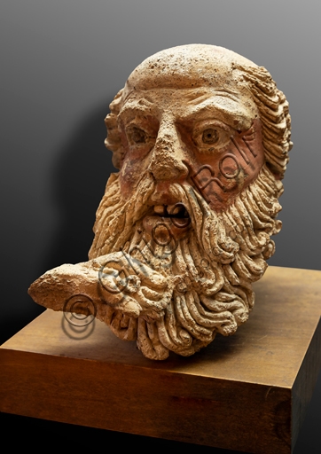 Ancient Etruscan terracotta sculpture, Head of Old Man, 5th century B.C., Faina Museum Orvieto