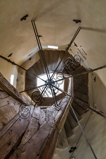 Octagonal spiral staircase inside the spire of the Ghirlandina Tower in Modena, interior view