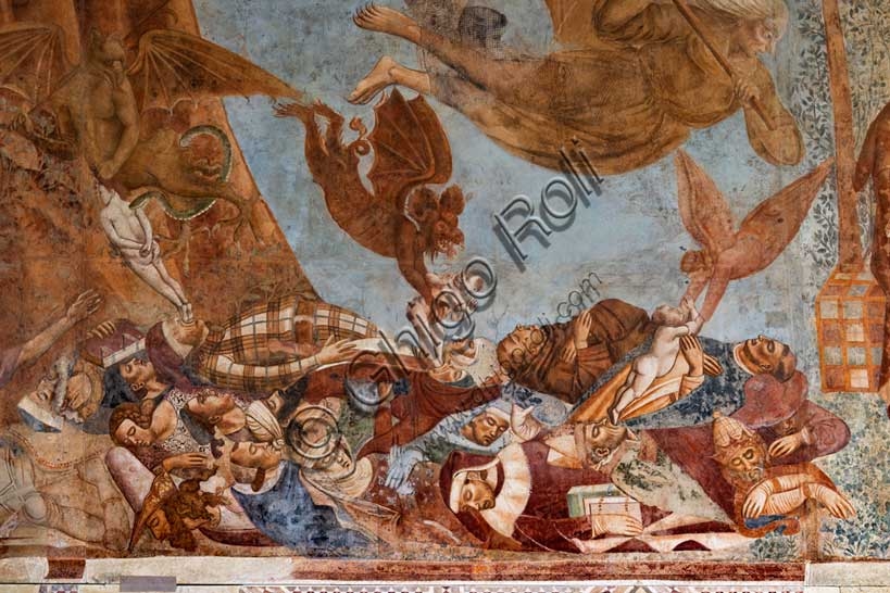 Particolare del Trionfo della Morte di Buonamico Buffalmacco: storpi invocano la morte e anime dannate afferrate da diavoli, Camposanto di Pisa, 1336/1341